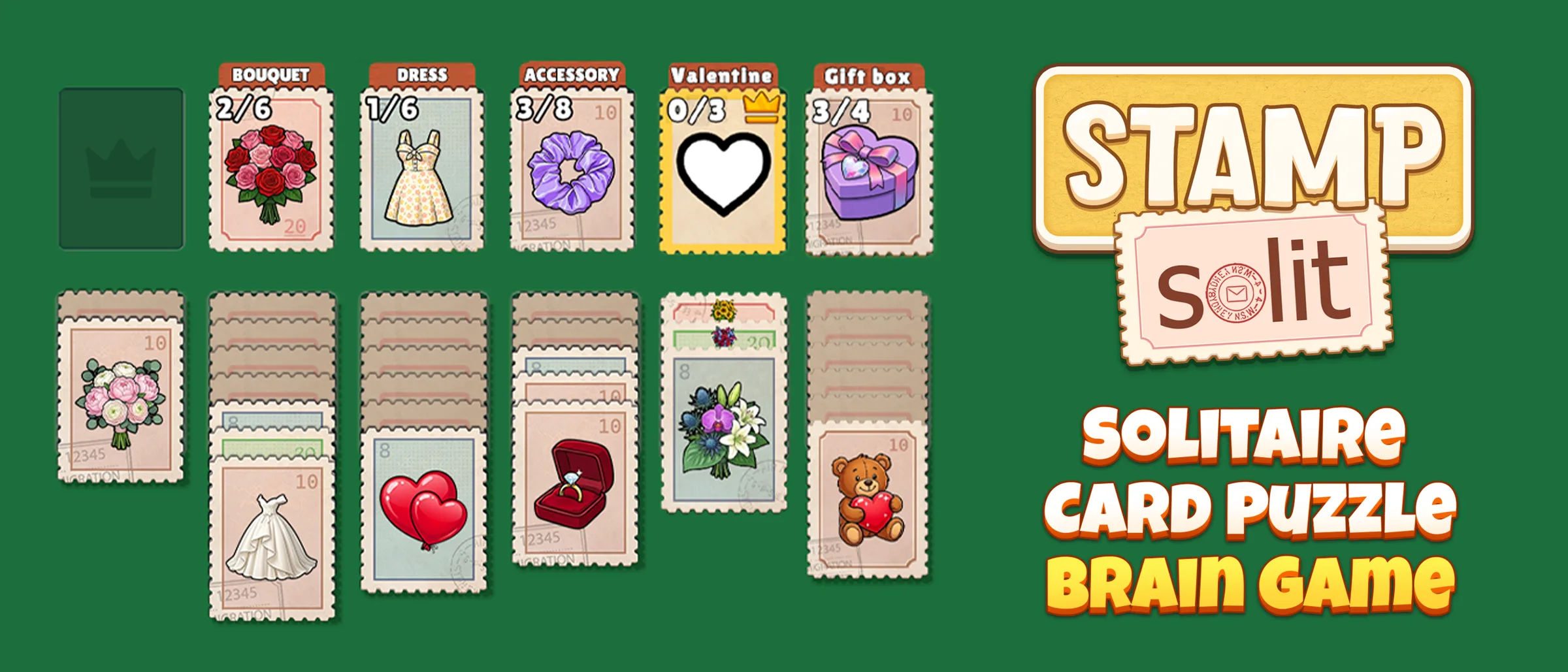 A level in play: Bouquet, Dress, Accessory, Valentine and Gift box sets above columns of stamps, beside the game logo