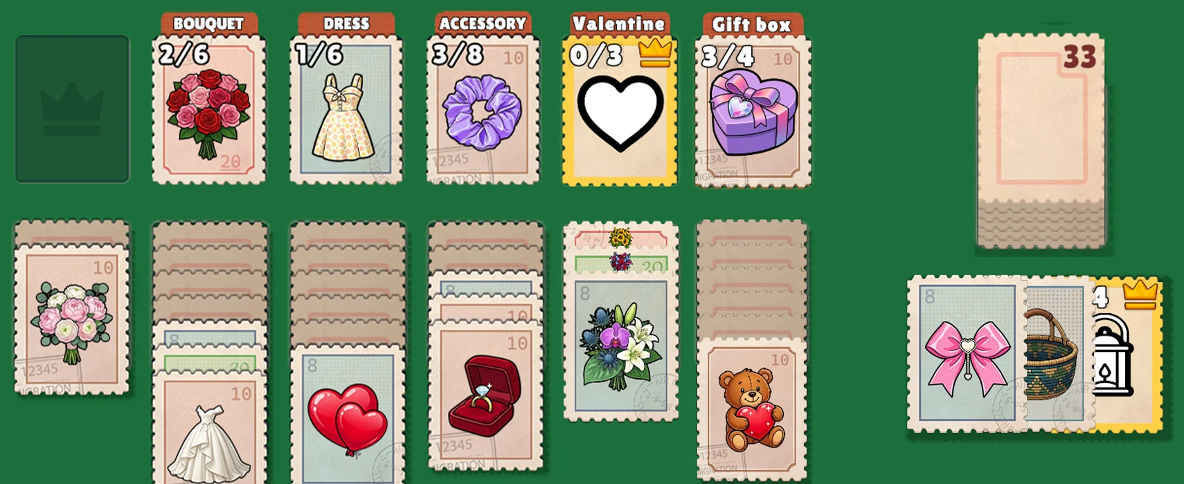 The Valentine table mid-level, with bouquets, dresses and gift boxes waiting to be sorted